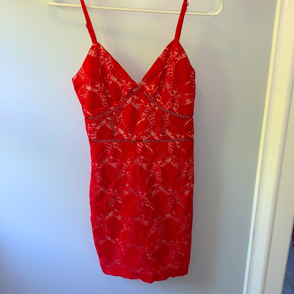 By the way. Red lace mini dress